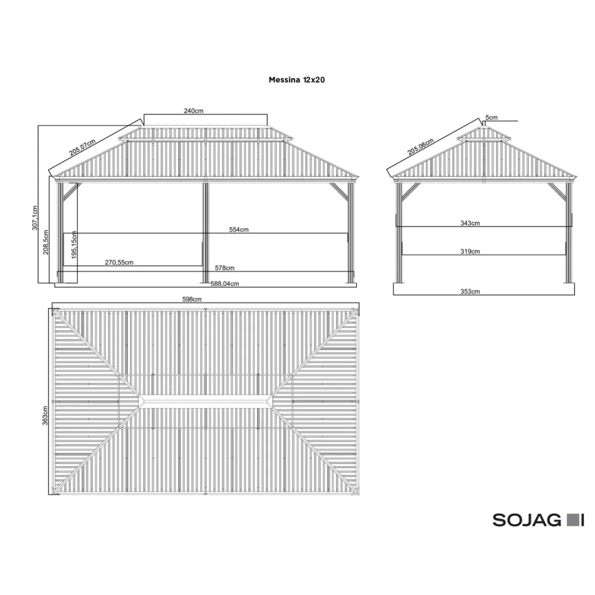 Pavillon Messina 1220 inkl. Moskitonetz 363x598x307,1cm Anthrazit*Sojag New